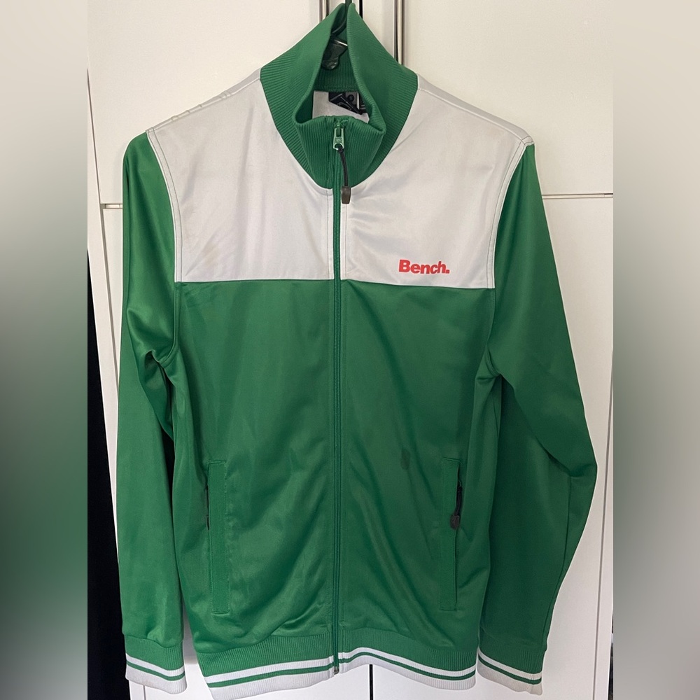 Men’s Green White Bench Softshell/Track Jacket/Sweater Lightweight Zip-Up Size S